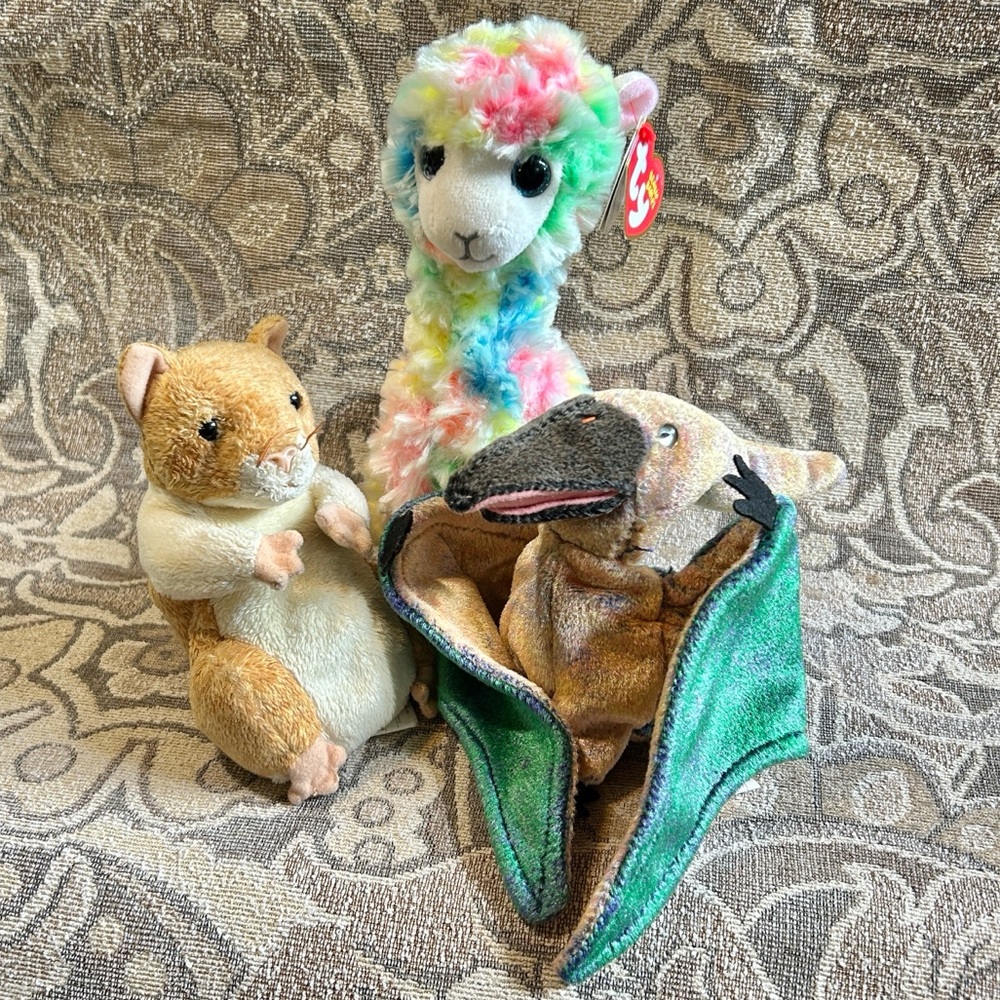 3 Ty Beanie Babies: 2 Vintage 2000 Pellet Hamster, Swoop Pterodactyl, Lola Llama